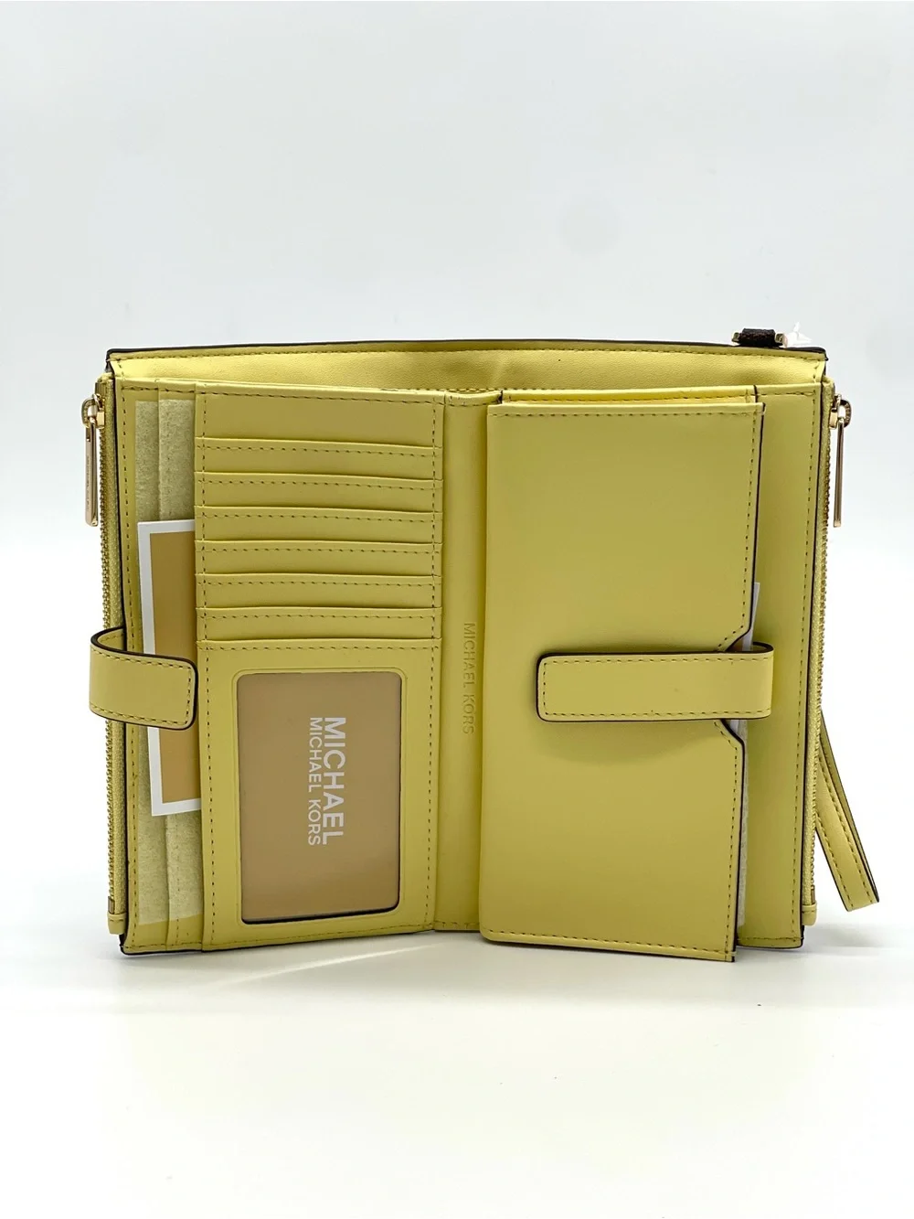 Michael Kors Large Double Zip Brown MK Logo Wristlet with Yellow Trim